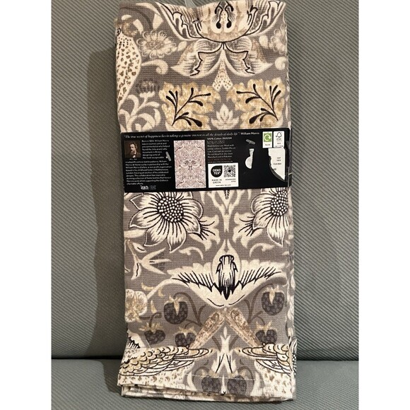 William Morris & Co Kitchen Dish Towels Strawberry Thief Putty Cotton Set of 3 - Picture 6 of 11